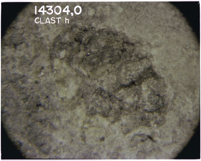 Color photograph of Apollo 14 Sample(s) 14304,0; Processing photograph displaying a close up of clast h.