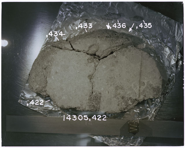 Color photograph of Apollo 14 Sample(s) 14305,422,433-436; Processing photograph displaying reconstruction with an orientation of W.