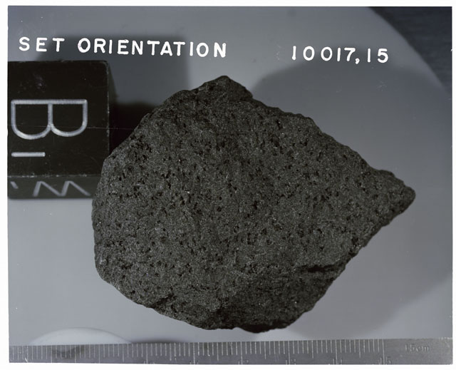 Color photograph of Apollo 11 Sample(s) 10017,15; Processing photograph displaying an orientation of B.