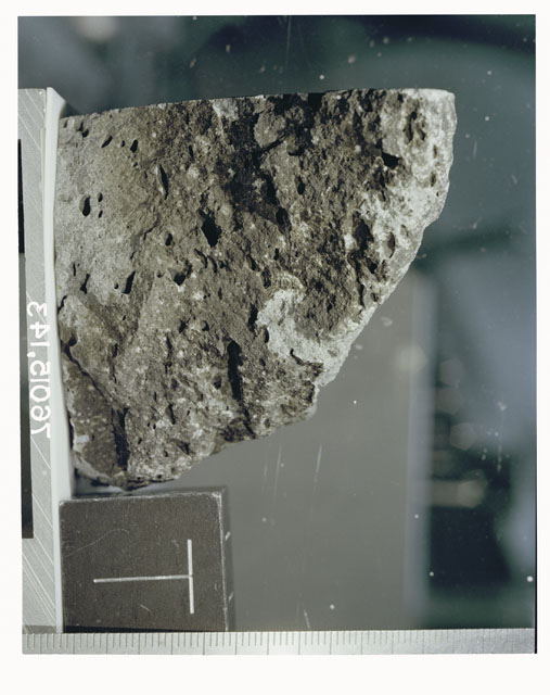 Color photograph of Apollo 17 Sample(s) 76015,143; Processing photograph displaying a post cut sample with an orientation of T.