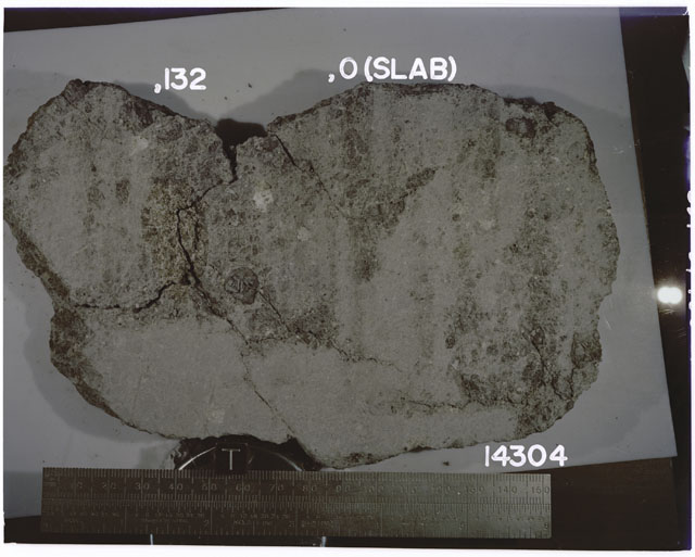 Color photograph of Apollo 14 Sample(s) 14304,0,132; Processing photograph displaying a slab reconstruction with an orientation of T.