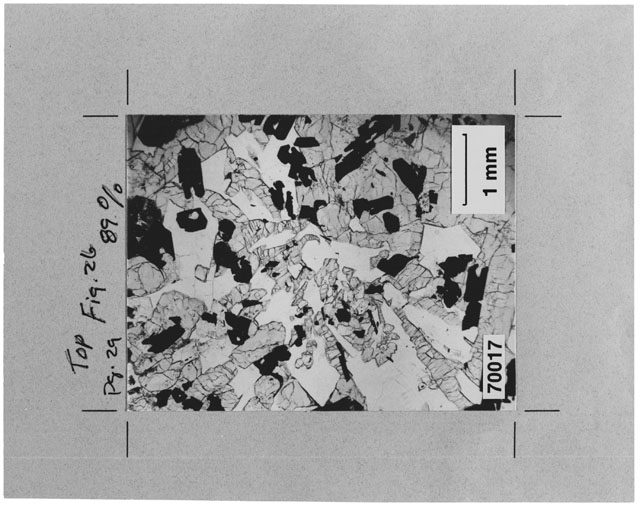 Black and white 1 MM Thin Section photograph of Apollo 17 Sample(s) 70017 using cross nichols light.