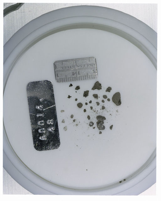 Color photograph of Apollo 16 Core Sample 60014,48; Processing photograph displaying >1 MM Core Fines .