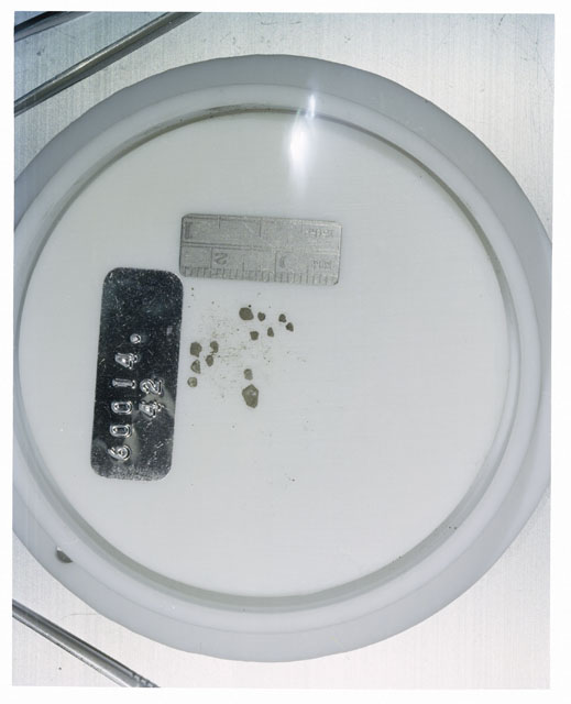 Color photograph of Apollo 16 Core Sample 60014,42; Processing photograph displaying >1 MM Core Fines .