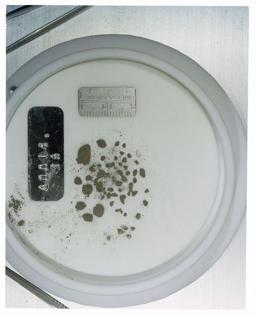 Color photograph of Apollo 16 Core Sample 60014,36; Processing photograph displaying >1 MM Core Fines .
