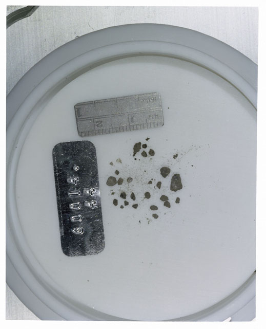 Color photograph of Apollo 16 Core Sample 60014,44; Processing photograph displaying >1 MM Core Fines .
