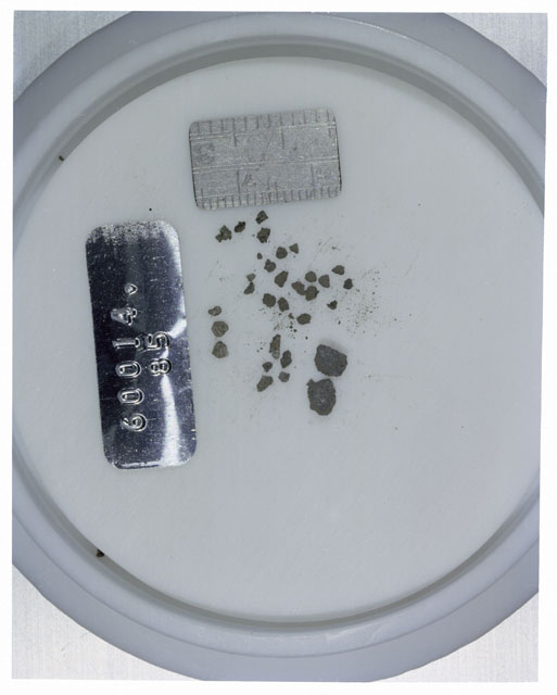 Color photograph of Apollo 16 Core Sample 60014,85; Processing photograph displaying >1 MM Core Fines .
