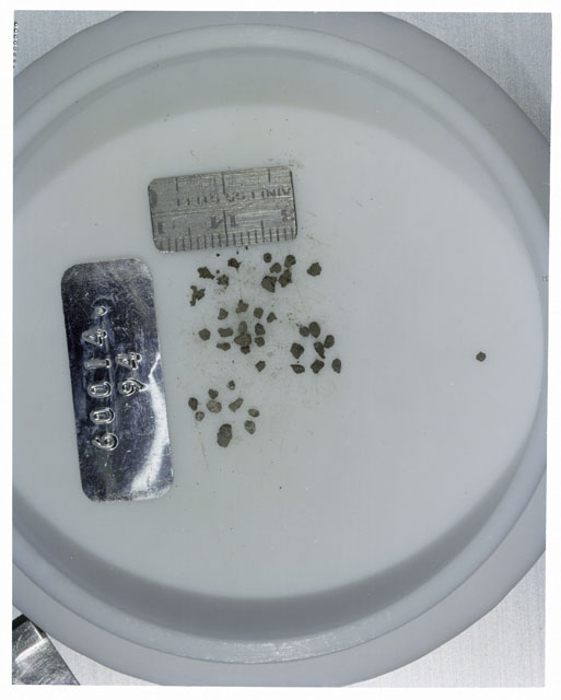 Color photograph of Apollo 16 Core Sample 60014,94; Processing photograph displaying >1 MM Core Fines .