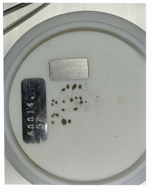 Color photograph of Apollo 16 Core Sample 60014,52; Processing photograph displaying >1 MM Core Fines .