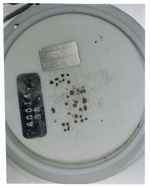 Color photograph of Apollo 16 Core Sample 60014,58; Processing photograph displaying >1 MM Core Fines .