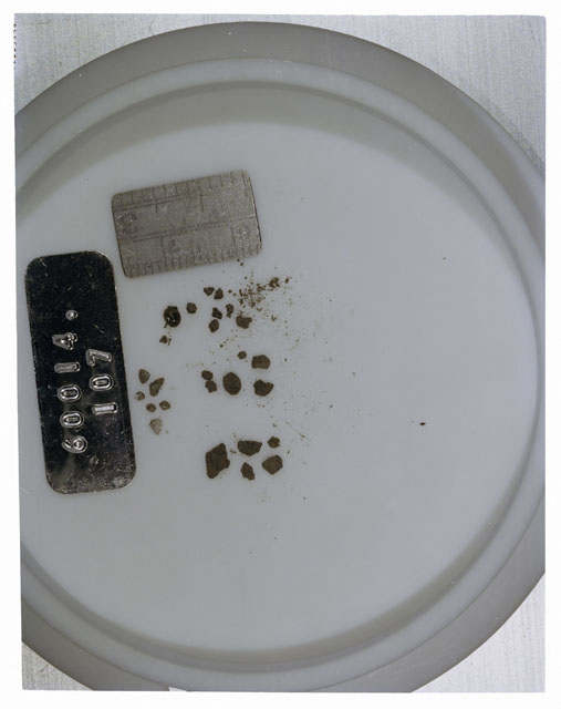 Color photograph of Apollo 16 Core Sample 60014,107; Processing photograph displaying >1 MM Core Fines .