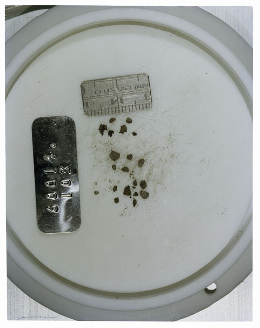 Color photograph of Apollo 16 Core Sample 60014,103; Processing photograph displaying >1 MM Core Fines .