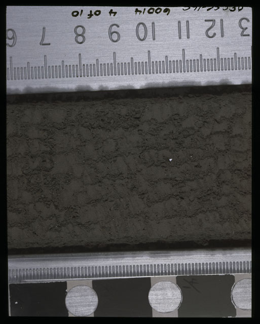 Color photograph of Apollo 16 Sample(s) 60014,0; 4 of 10 Processing photograph displaying after 1st dissection and derinding Core Tube at 6-13 cm depth.
