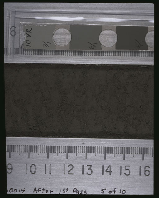 Color photograph of Apollo 16 Sample(s) 60014,0; 5 of 10 Processing photograph displaying after 1st dissection Core Tube at 8.5-16.5 cm depth.