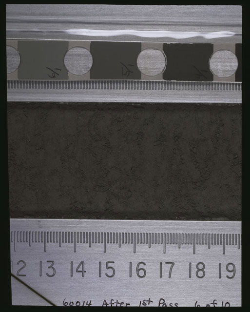 Color photograph of Apollo 16 Sample(s) 60014,0; 6 of 10 Processing photograph displaying after 1st dissection Core Tube at 11.5-19.5 cm depth.