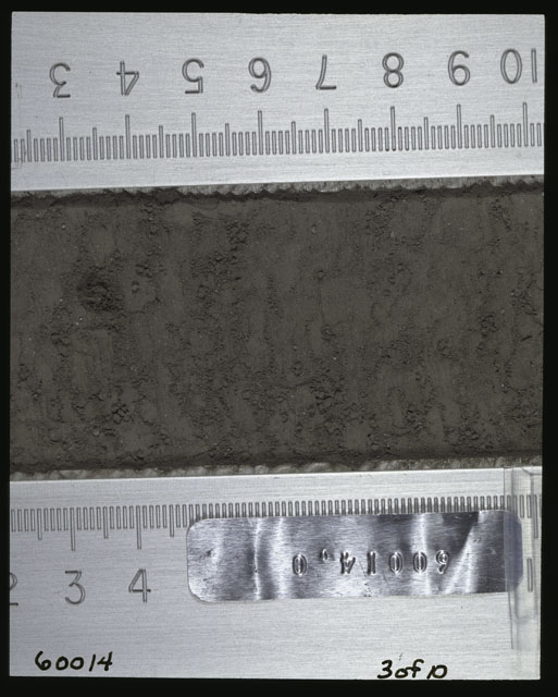 Color photograph of Apollo 16 Sample(s) 60014,0; 3 of 10 Processing photograph displaying after 2nd dissection Core Tube at 2-10 cm depth.