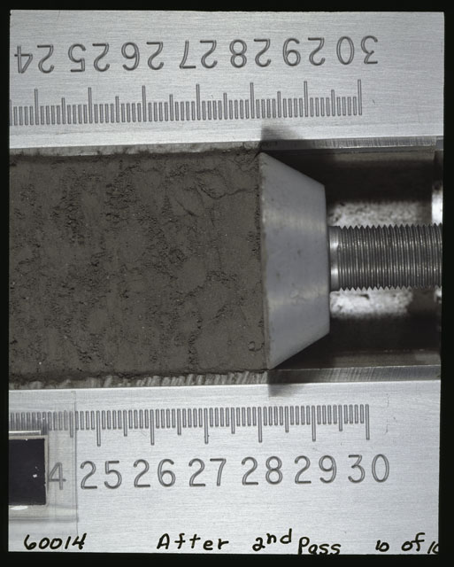 Color photograph of Apollo 16 Sample(s) 60014,0; 10 of 10 Processing photograph displaying after 2nd dissection Core Tube at 23.5-30 cm depth.
