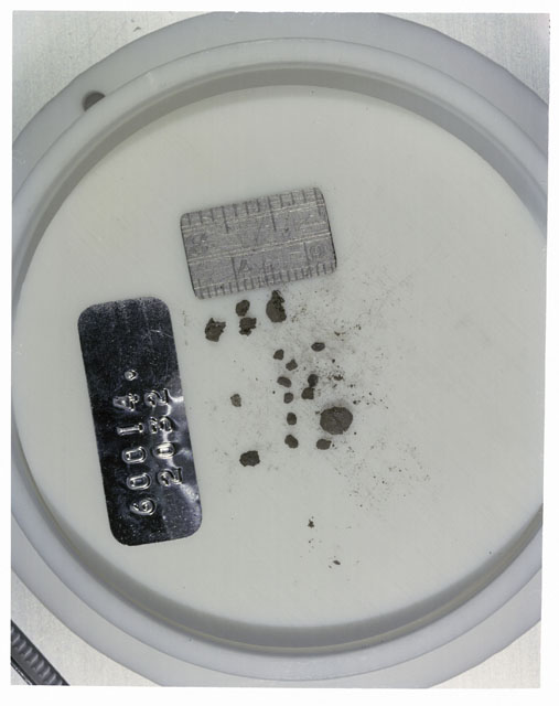 Color photograph of Apollo 16 Core Sample 60014,2032; Processing photograph displaying >1 MM Core Fines .