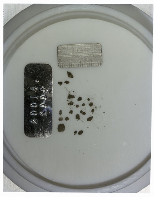 Color photograph of Apollo 16 Core Sample 60014,2009; Processing photograph displaying >1 MM Core Fines .