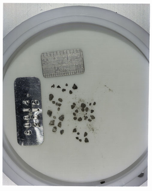 Color photograph of Apollo 16 Core Sample 60014,2015; Processing photograph displaying >1 MM Core Fines .