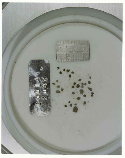 Color photograph of Apollo 16 Core Sample 60014,2042; Processing photograph displaying >1 MM Core Fines .