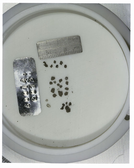 Color photograph of Apollo 16 Core Sample 60014,2073; Processing photograph displaying >1 MM Core Fines .