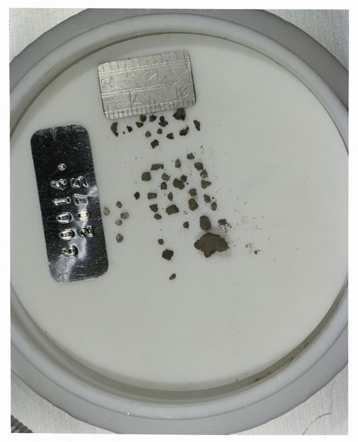 Color photograph of Apollo 16 Core Sample 60014,2075; Processing photograph displaying >1 MM Core Fines .