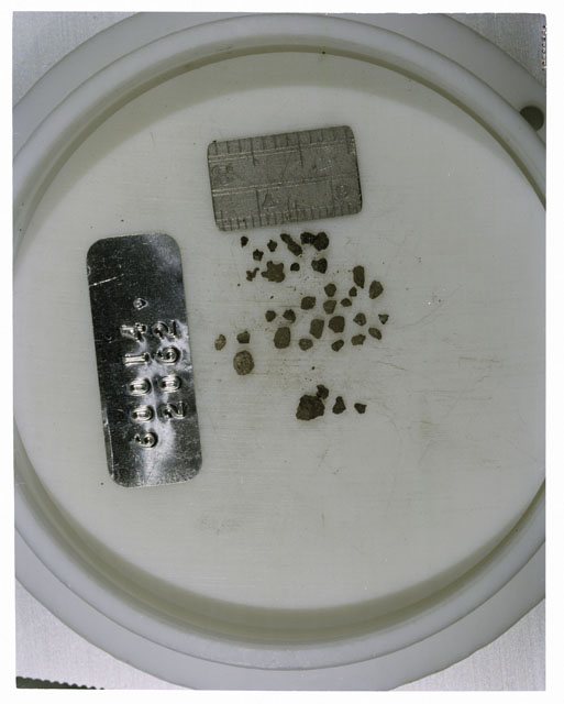 Color photograph of Apollo 16 Core Sample 60014,2062; Processing photograph displaying >1 MM Core Fines .
