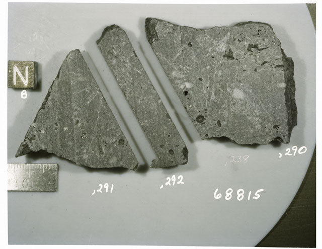 Color photograph of Apollo 16 Sample(s) 68815,291,292,290; Processing photograph displaying reconstruction with an sawed slab of N,B.