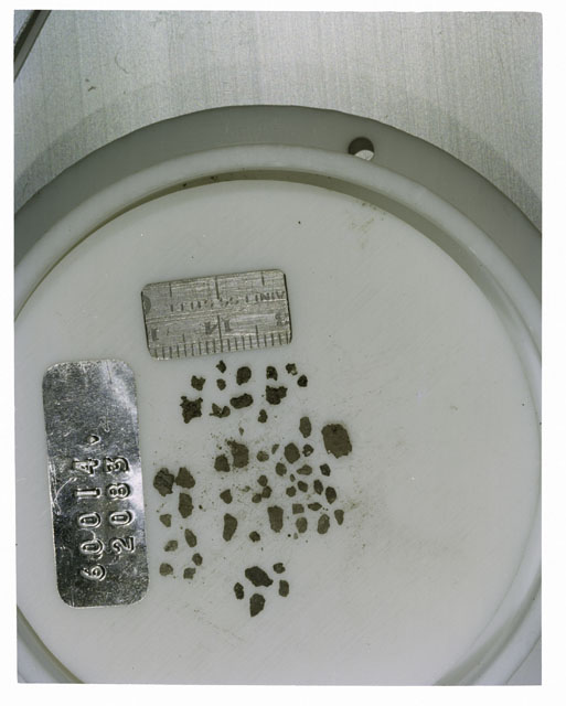 Color photograph of Apollo 16 Core Sample 60014,2083; Processing photograph displaying >1 MM Core Fines .