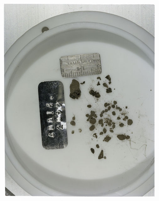 Color photograph of Apollo 16 Core Sample 60014,2099; Processing photograph displaying >1 MM Core Fines .