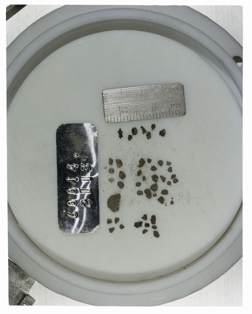 Color photograph of Apollo 16 Core Sample 60014,2113; Processing photograph displaying >1 MM Core Fines .