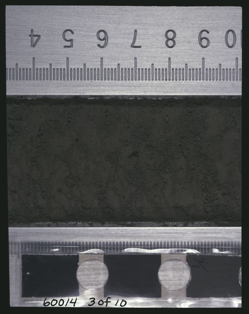 Color photograph of Apollo 16 Sample(s) 60014,0; 3 of 10 Processing photograph displaying after 3rd dissection Core Tube at 3-10 cm depth.