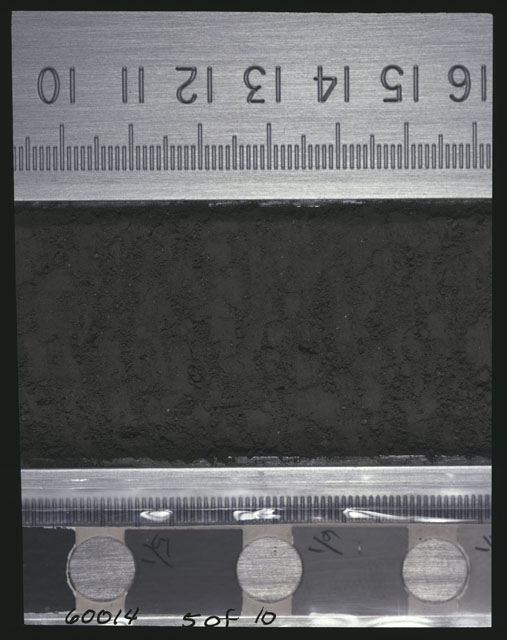 Color photograph of Apollo 16 Sample(s) 60014,0; 5 of 10 Processing photograph displaying after 3rd dissection Core Tube at 9.5-16 cm depth.