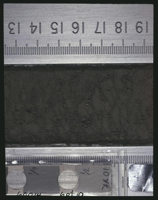 Color photograph of Apollo 16 Sample(s) 60014,0; 6 of 10 Processing photograph displaying after 3rd dissection Core Tube at 12.5-19.5 cm depth.