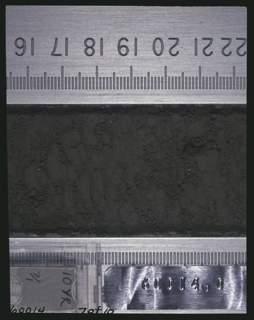 Color photograph of Apollo 16 Sample(s) 60014,0; 7 of 10 Processing photograph displaying after 3rd dissection Core Tube at 15.5-22.5 cm depth.
