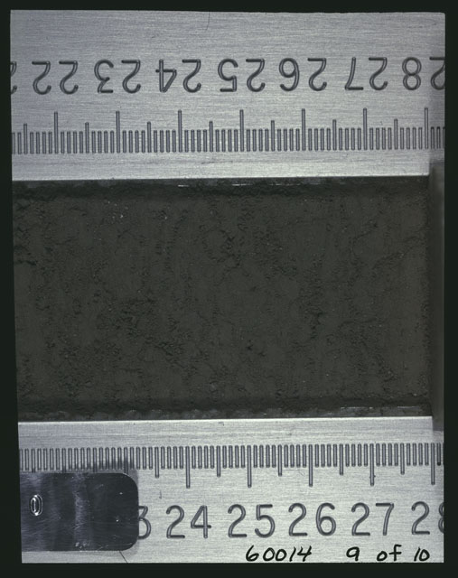Color photograph of Apollo 16 Sample(s) 60014,0; 9 of 10 Processing photograph displaying after 3rd dissection Core Tube at 21-28 cm depth.