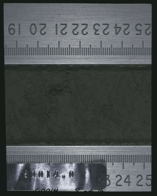 Color photograph of Apollo 16 Sample(s) 60014,0; 8 of 10 Processing photograph displaying after 3rd dissection Core Tube at 18.5-25.5 cm depth.