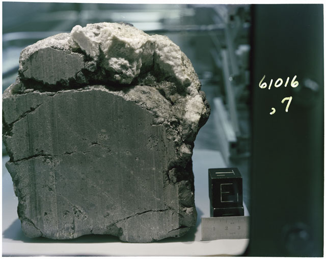 Color photograph of Apollo 16 Sample(s) 61016,7; Processing photograph displaying sawed surface with an orientation of E,T.
