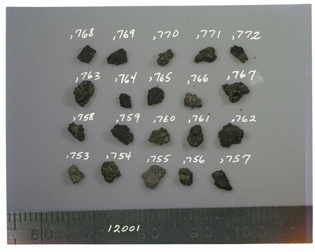 Color photograph of Apollo 12 sample 12001,757-,772; Processing photograph displaying soil coarse fines.