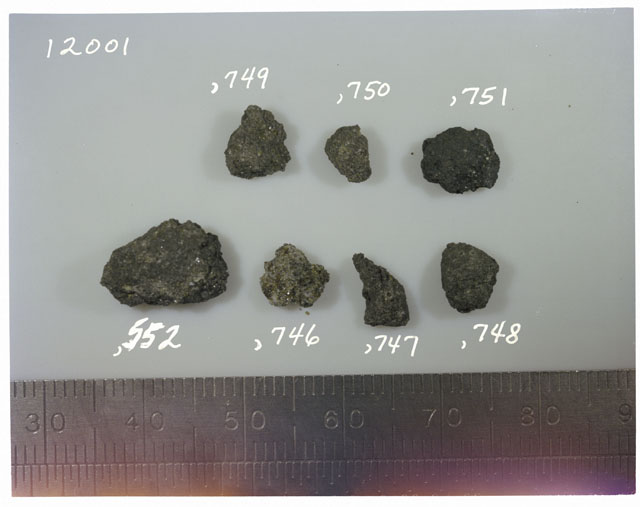 Color photograph of Apollo 12 sample 12001,746-752; Processing photograph displaying soil coarse fines.