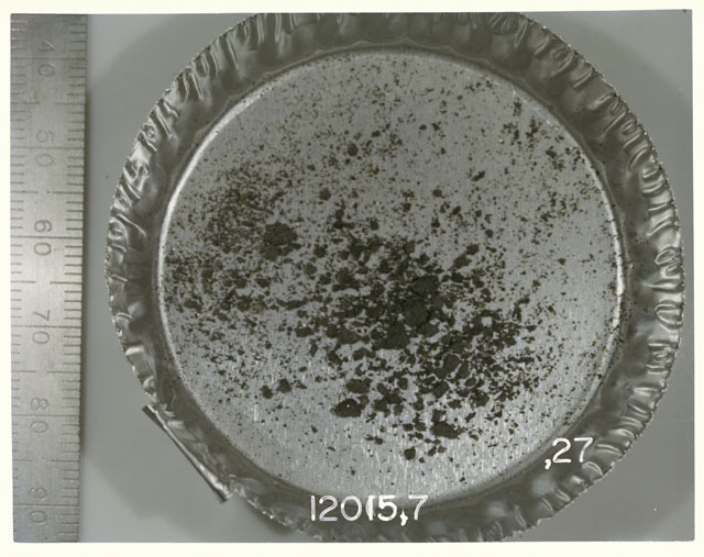 Color photograph of Apollo 12 Sample(S) 12015,27; Processing photograph displaying soil brecca fines .